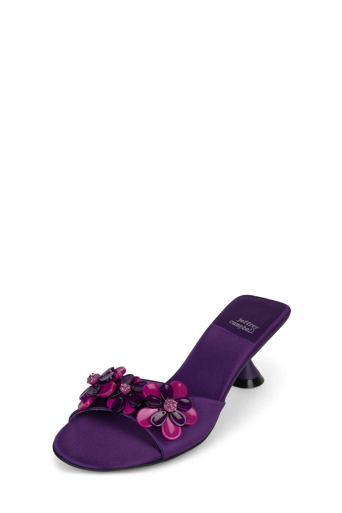 BLOOMS Jeffrey Campbell Kitten Heel Sandal Purple Satin Combo 