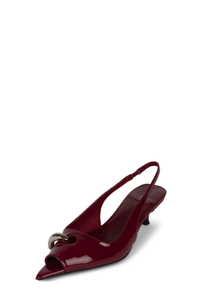 CIRQUES Jeffrey Campbell Slingback Kitten Heels Cherry Red Patent Silver