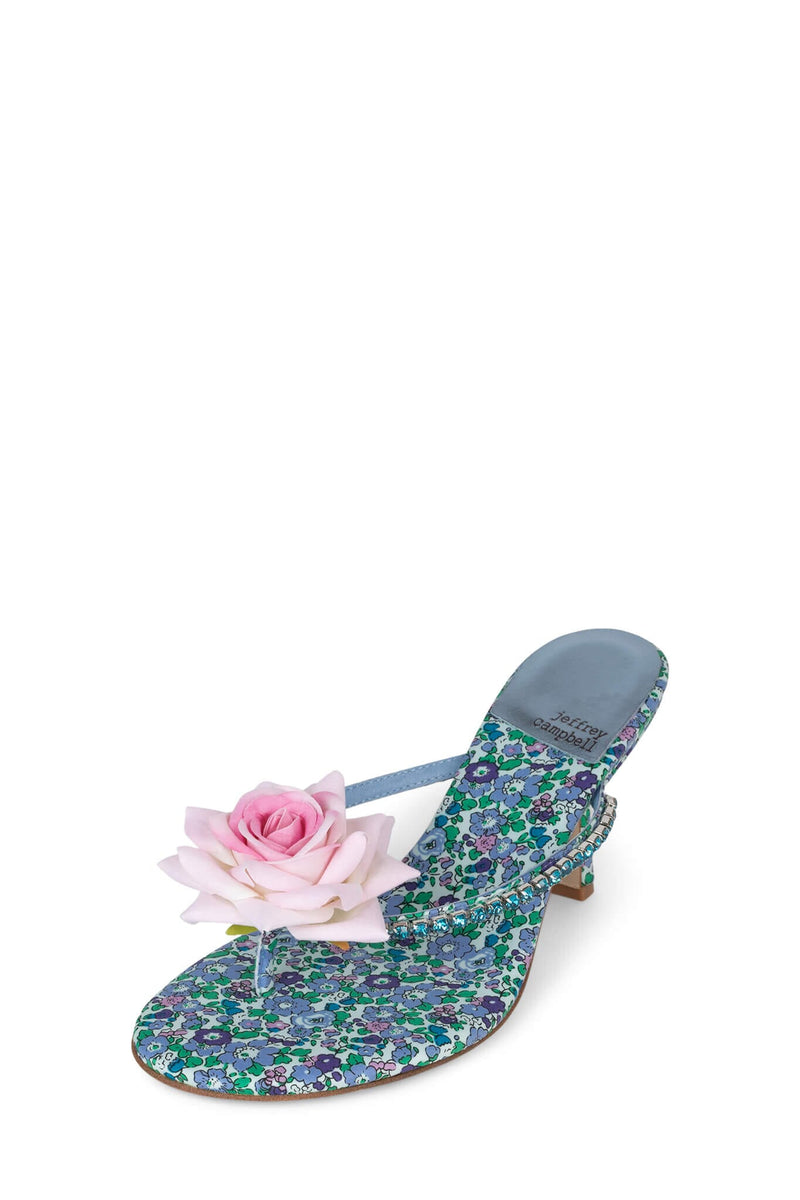 JARDINIER Jeffrey Campbell Heeled Thong Sandal Blue Floral Multi