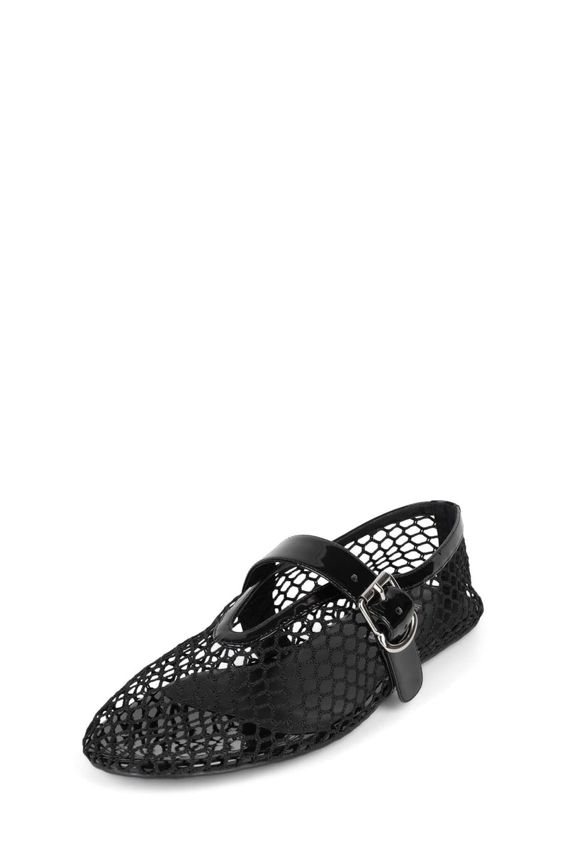 SHELLY-LS2 Mesh Mary-Jane Flast Jeffrey Campbell Black Patent Combo Front View