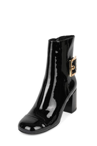 ACADEME Jeffrey Campbell Black Patent Gold Buckle Heeled Boots 