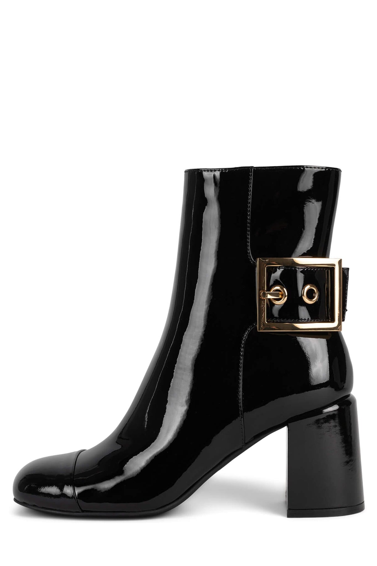 ACADEME Jeffrey Campbell Black Patent Gold Buckle Heeled Boots 