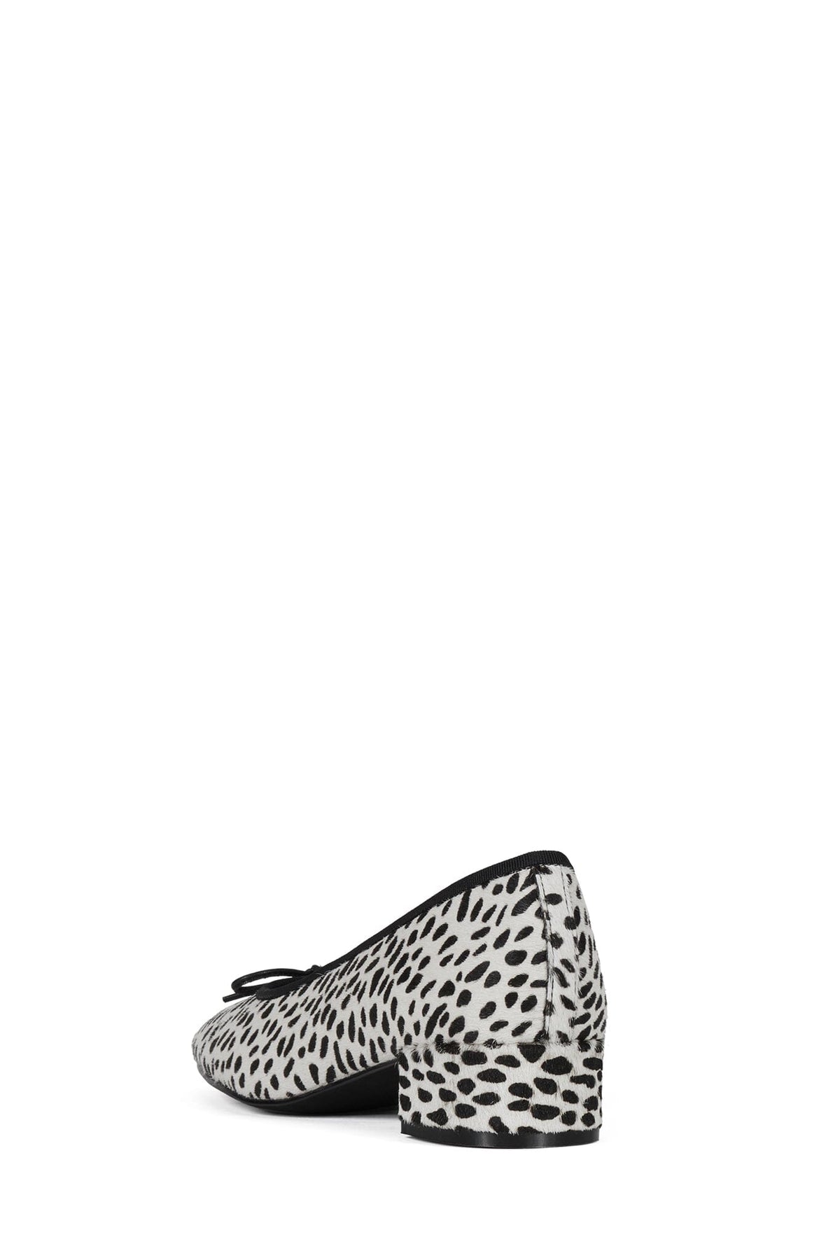 Black and white animal print pump with a rounded toe and tall sculpted block heel