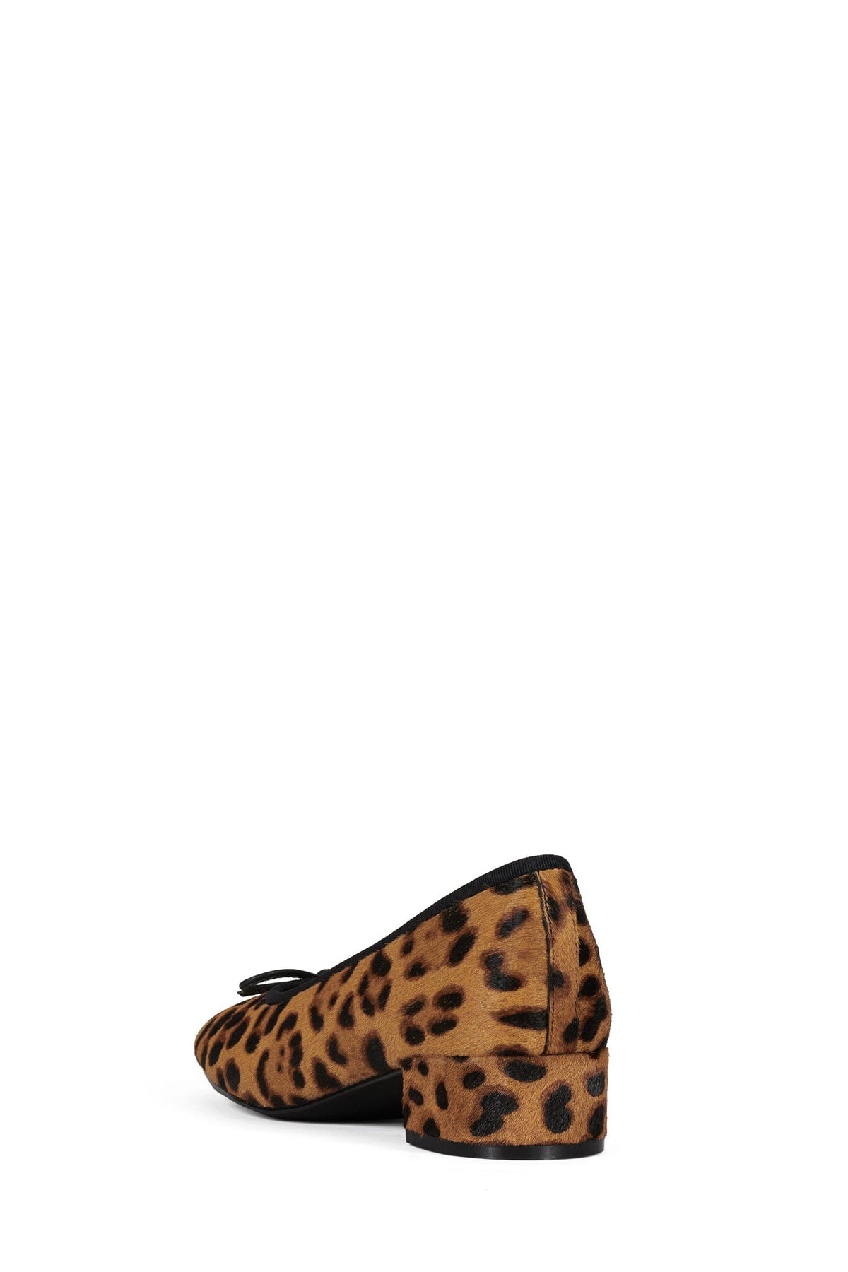 Leopard print low heel shoe with a pointed toe and closed back featuring a compact block heel and black sole