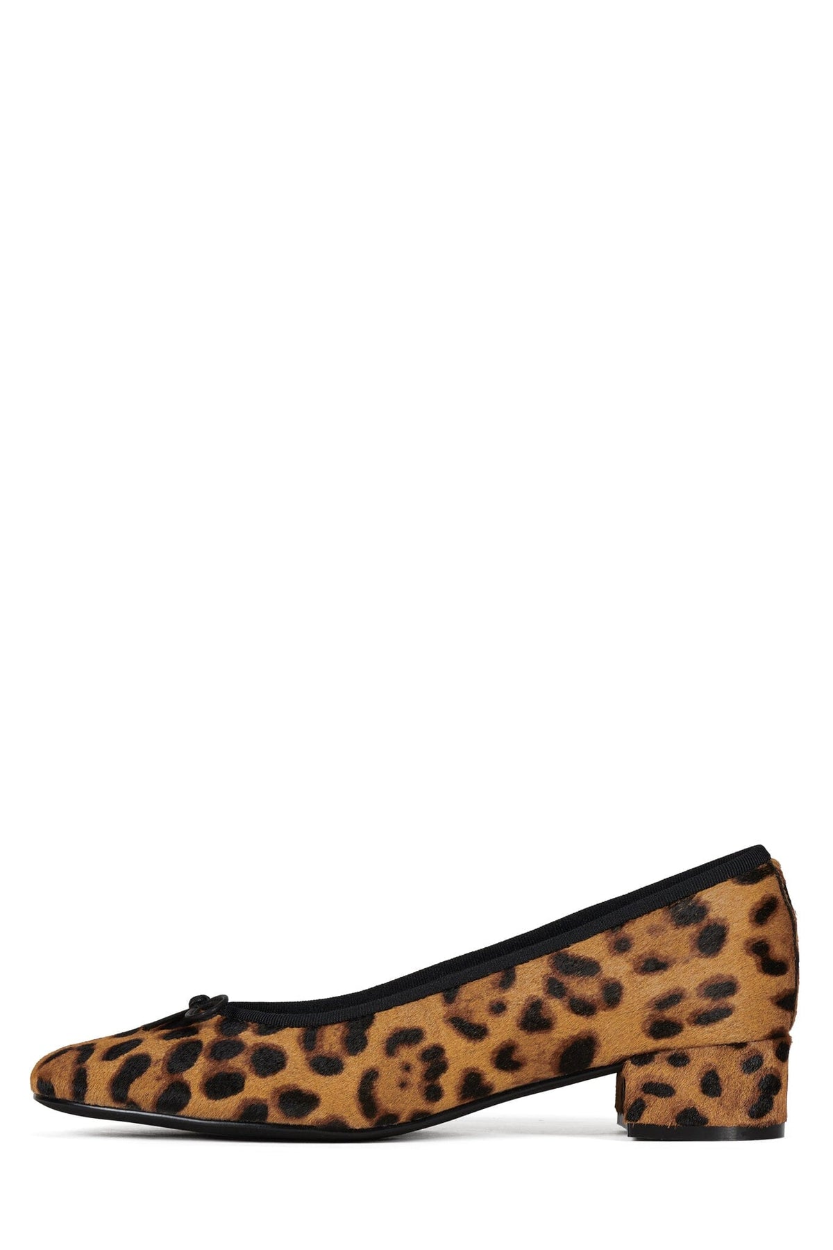 Leopard print pointed toe pump with black trim and a low stacked block heel in a sleek structured silhouette