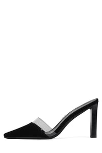 ALLOWANCE Jeffrey Campbell Heeled Mule Black Suede Clear