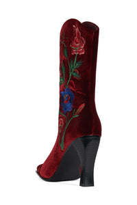 BE-BOLD-EM Jeffrey Campbell Mid-Calf Boot Wine Velvet Floral Multi