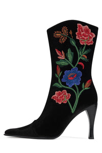 BE-BOLD-EM Jeffrey Campbell Mid-Calf Boot Black Velvet Floral Multi
