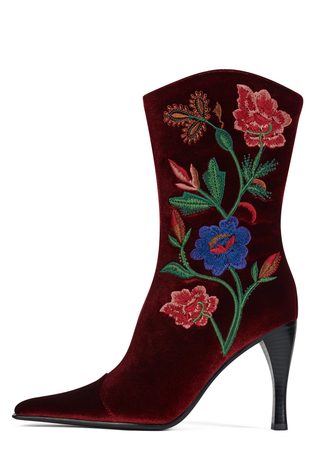 BE-BOLD-EM Jeffrey Campbell Mid-Calf Boot Wine Velvet Floral Multi