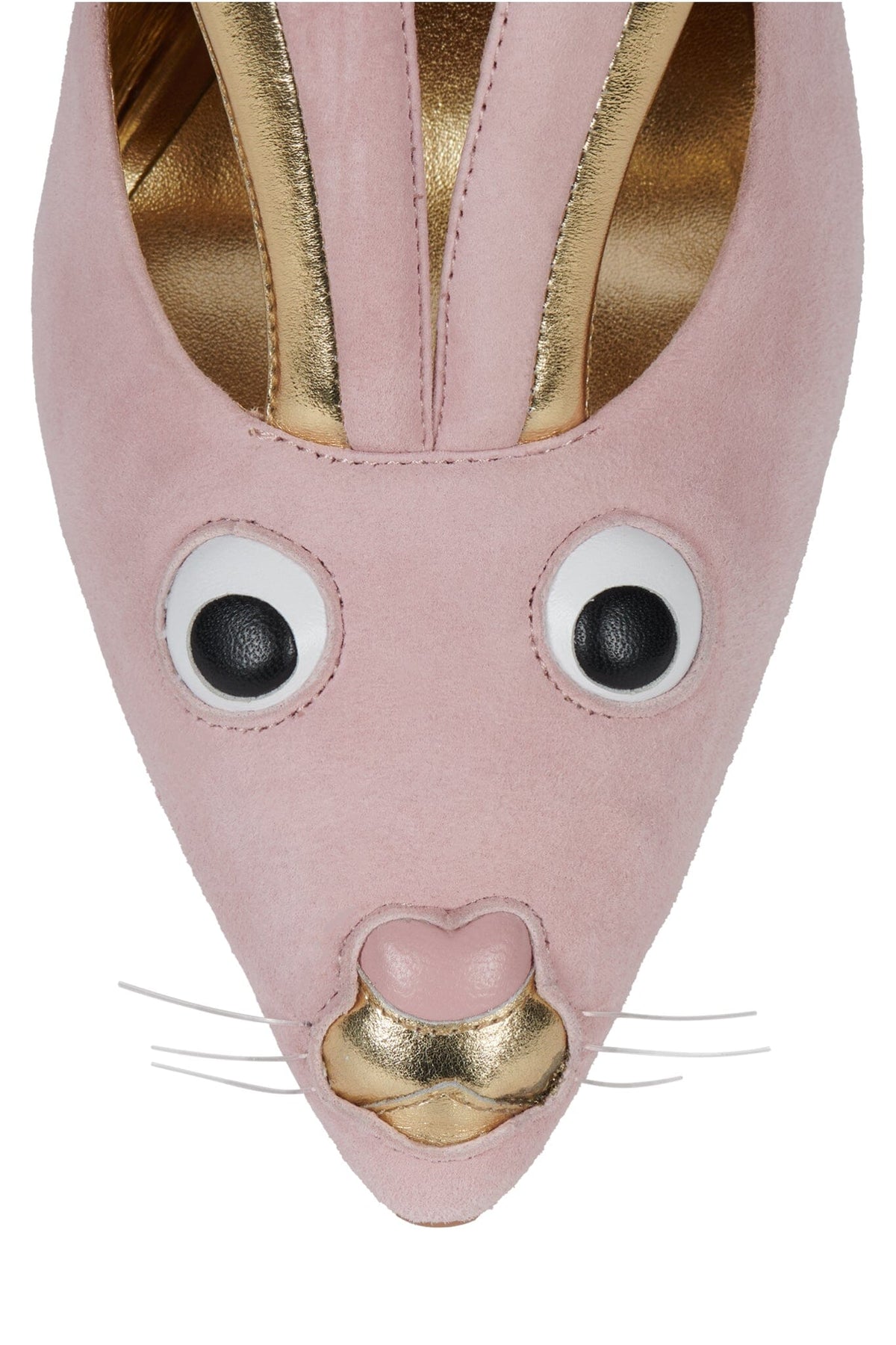 Pink pointed toe flat shoe with a bunny face featuring round eyes gold trimmed ears a heart shaped nose whiskers and a gold mouth detail
