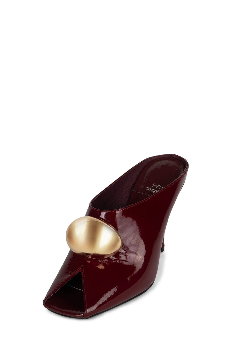 CHEEKY-O Jeffrey Campbell Heeled Mules Cherry Red Crinkle Pat Gold