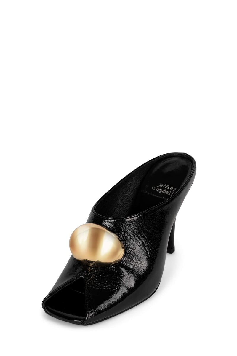 CHEEKY-O Jeffrey Campbell Heeled Mules Black Crinkle Gold