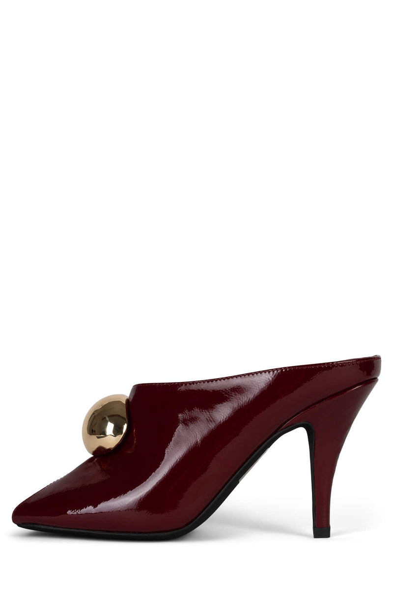 CHEEKY-O Jeffrey Campbell Heeled Mules Cherry Red Crinkle Pat Gold