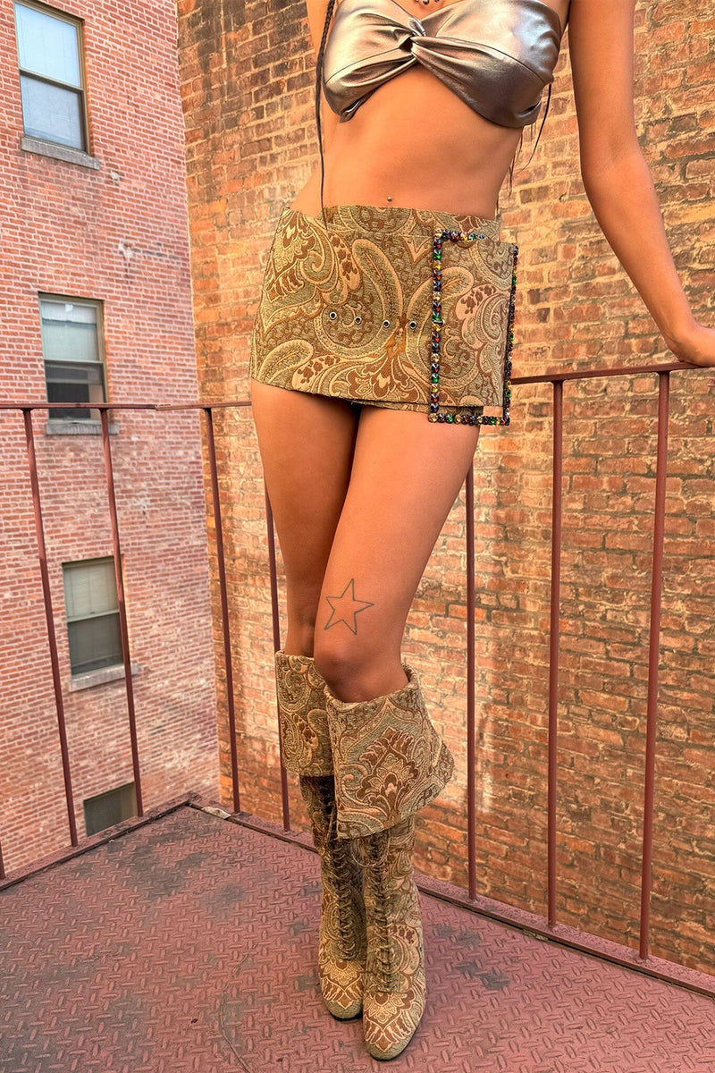 FULL-OUT Jeffrey Campbell Heeled Boot Tan Tapestry