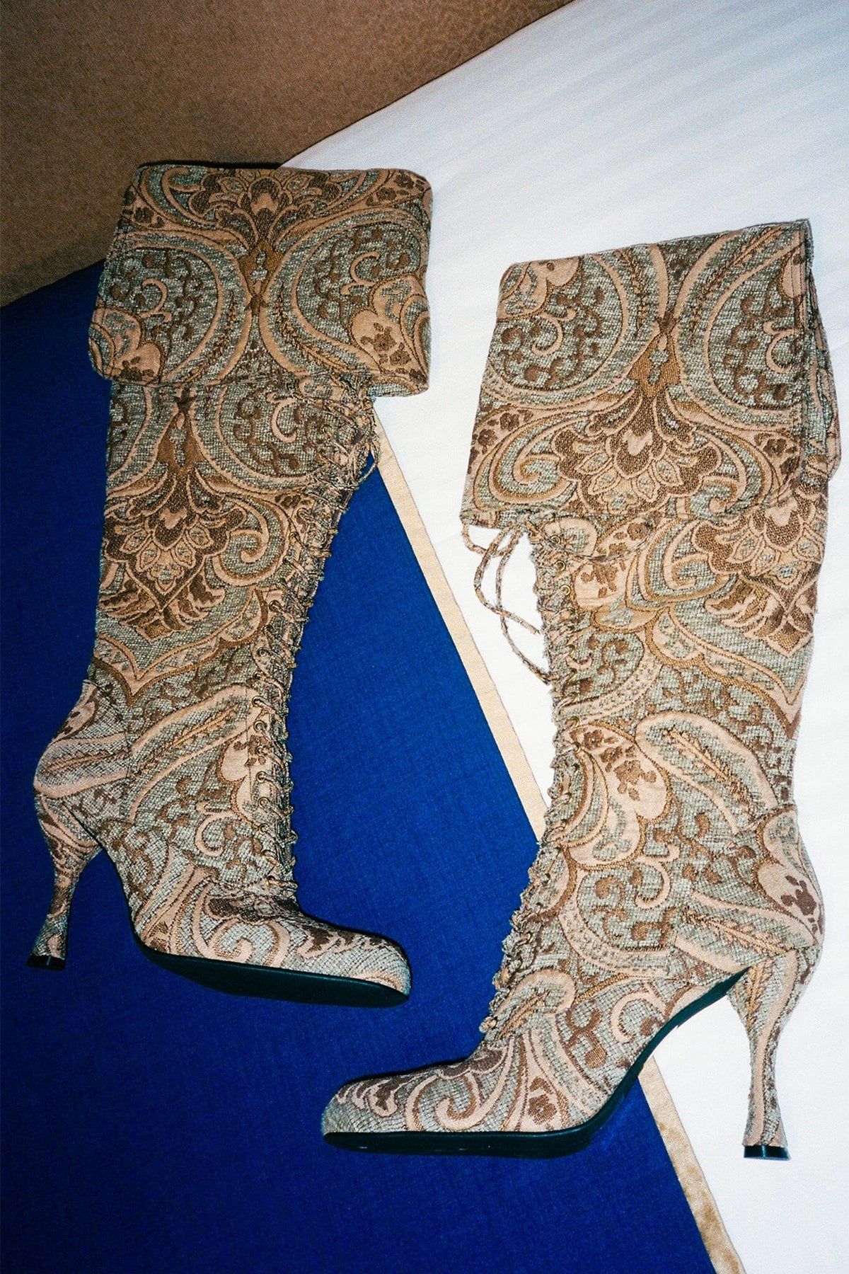 FULL-OUT Jeffrey Campbell Heeled Boot Tan Tapestry