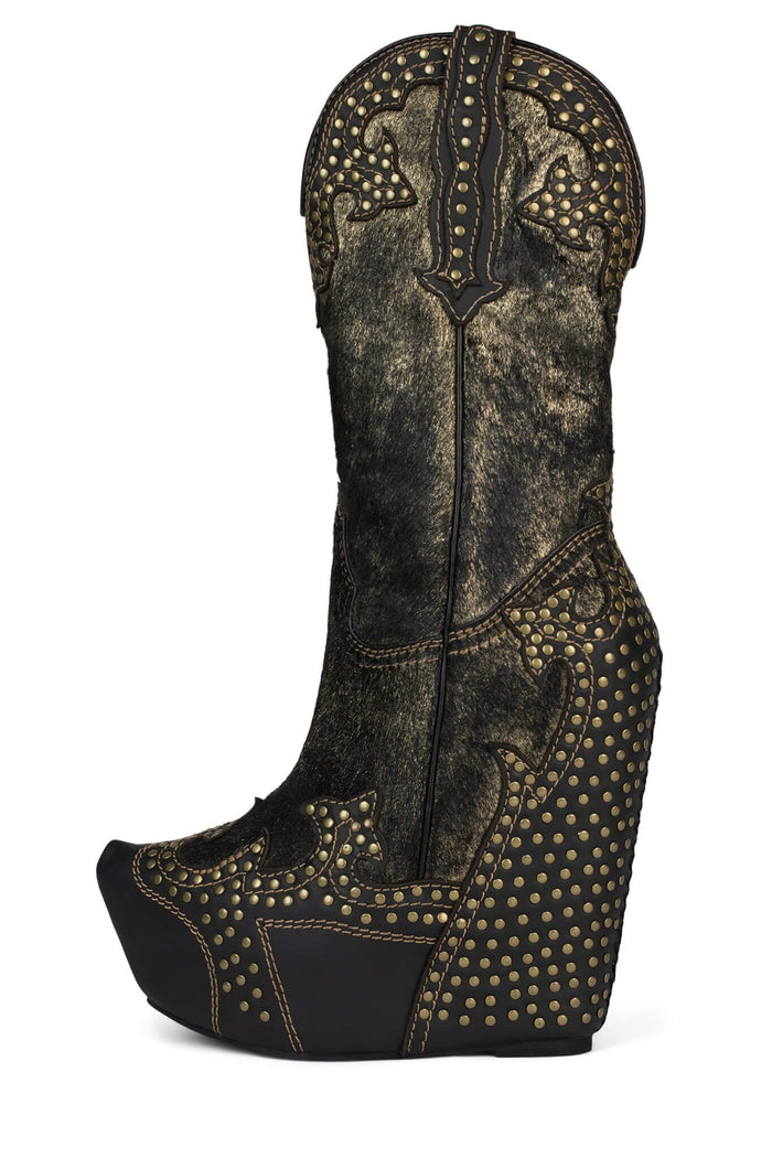 GIDDY-STUD Jeffrey Campbell Western Boots Black Bronze Hair Combo