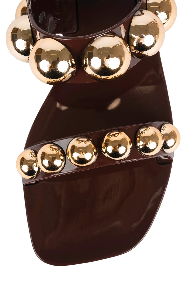 GUM-DROP Jeffrey Campbell Flat Sandals Dark Brown Gold