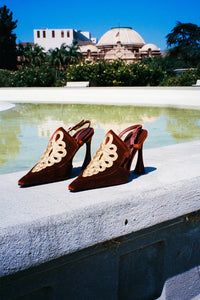 HUZZAH Jeffrey Campbell Slingback Heel Wine Velvet Gold