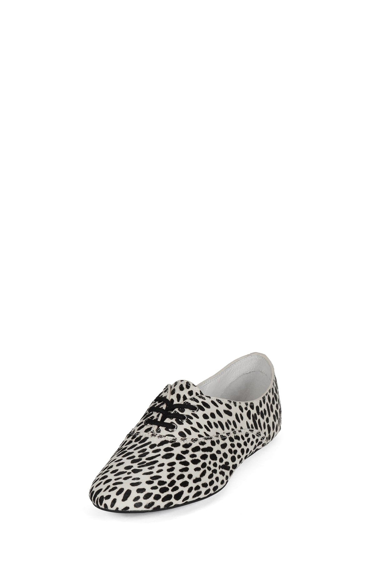 Leopard print slip on flat shoe with an almond toe closed upper and low heel in a sleek streamlined shape
