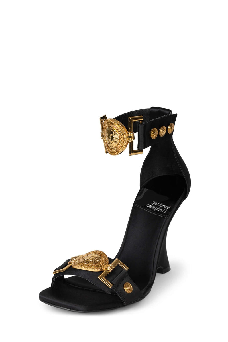 LEONITE Jeffrey Campbell Ankle Strap Sandal Black Satin Gold