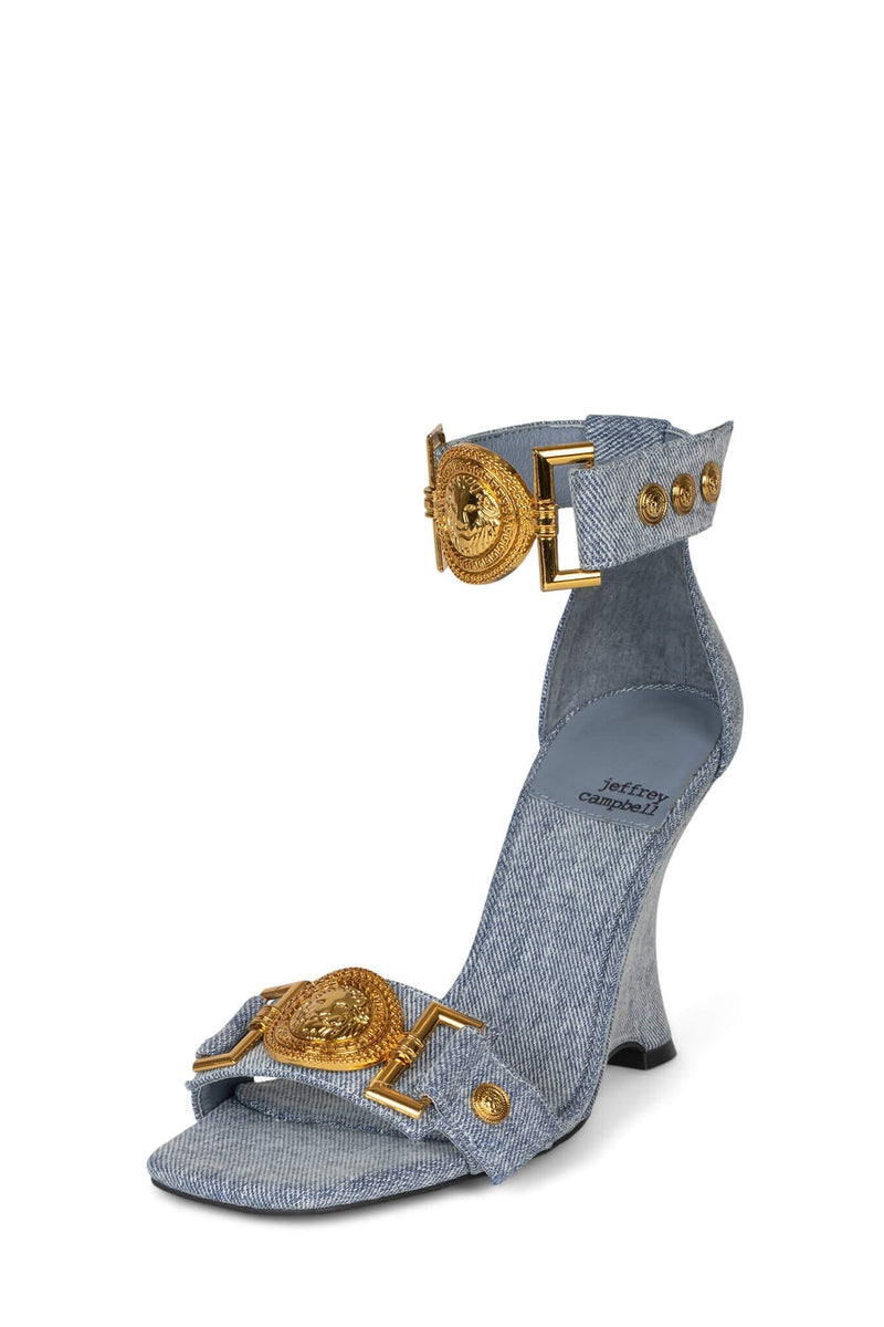 LEONITE Jeffrey Campbell Ankle Strap Sandal Blue Denim Gold