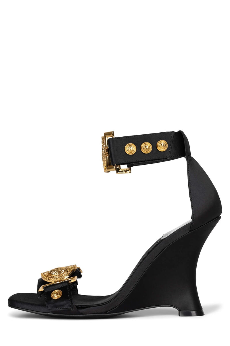 LEONITE Jeffrey Campbell Ankle Strap Sandal Black Satin Gold