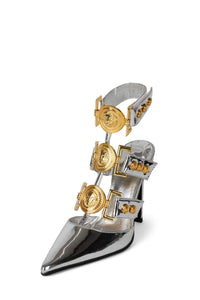LIONNESS Jeffrey Campbell Strappy Heeled Mule Silver Mirror Gold