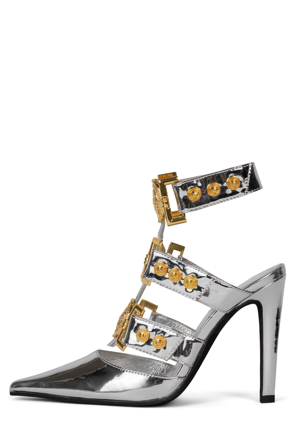 LIONNESS Jeffrey Campbell Strappy Heeled Mule Silver Mirror Gold