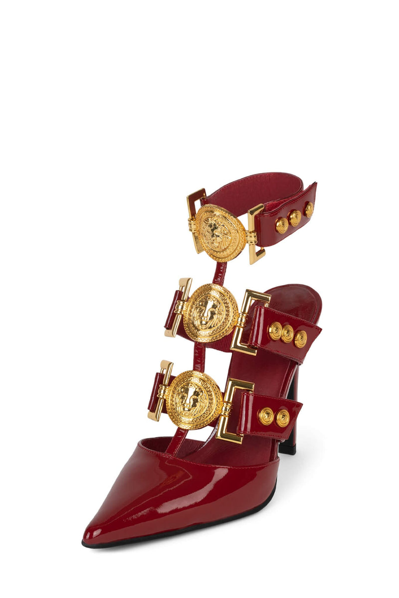 LIONNESS Jeffrey Campbell Strappy Heeled Mule Red Patent Gold