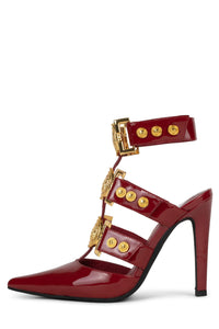 LIONNESS Jeffrey Campbell Strappy Heeled Mule Red Patent Gold