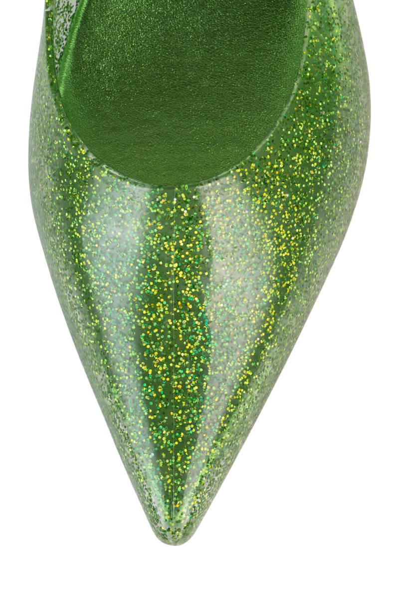 MILLENNI Jeffrey Campbell Heeled Jellies Green Iridescent Glitter
