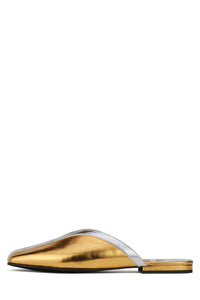 NARROWS Jeffrey Campbell Flat Mule Gold Silver Combo 