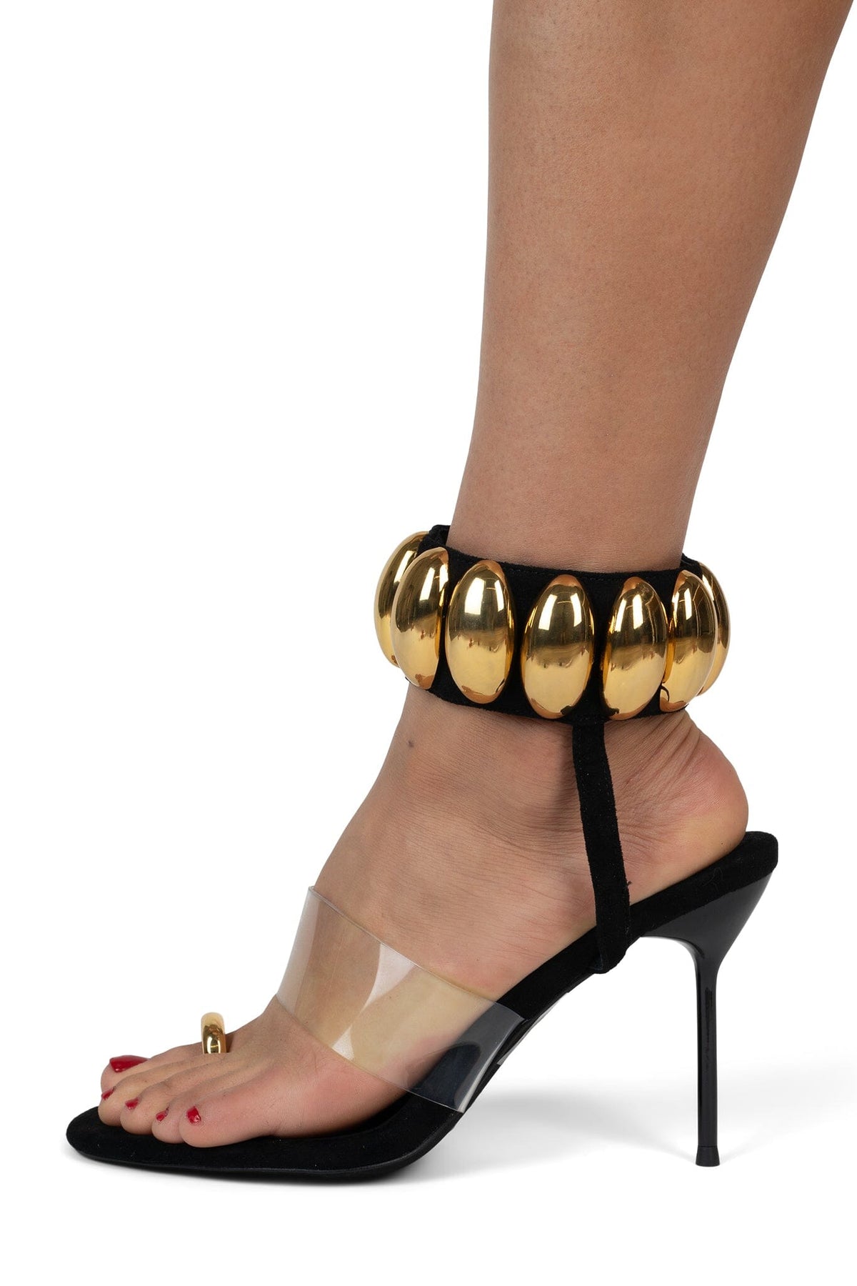 OCCASION Jeffrey Campbell Stiletto Sandal Black Suede Gold