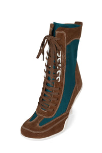 OUT-BOX Jeffrey Campbell Heeled Booties Tan Suede Teal Mesh