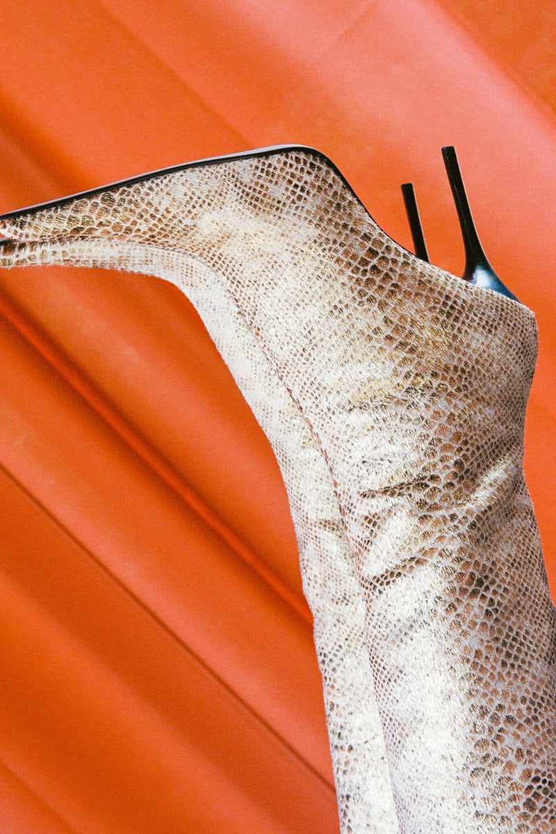 PROPOSAL-F Jeffrey Campbell Stiletto Boots Beige Gold Snake