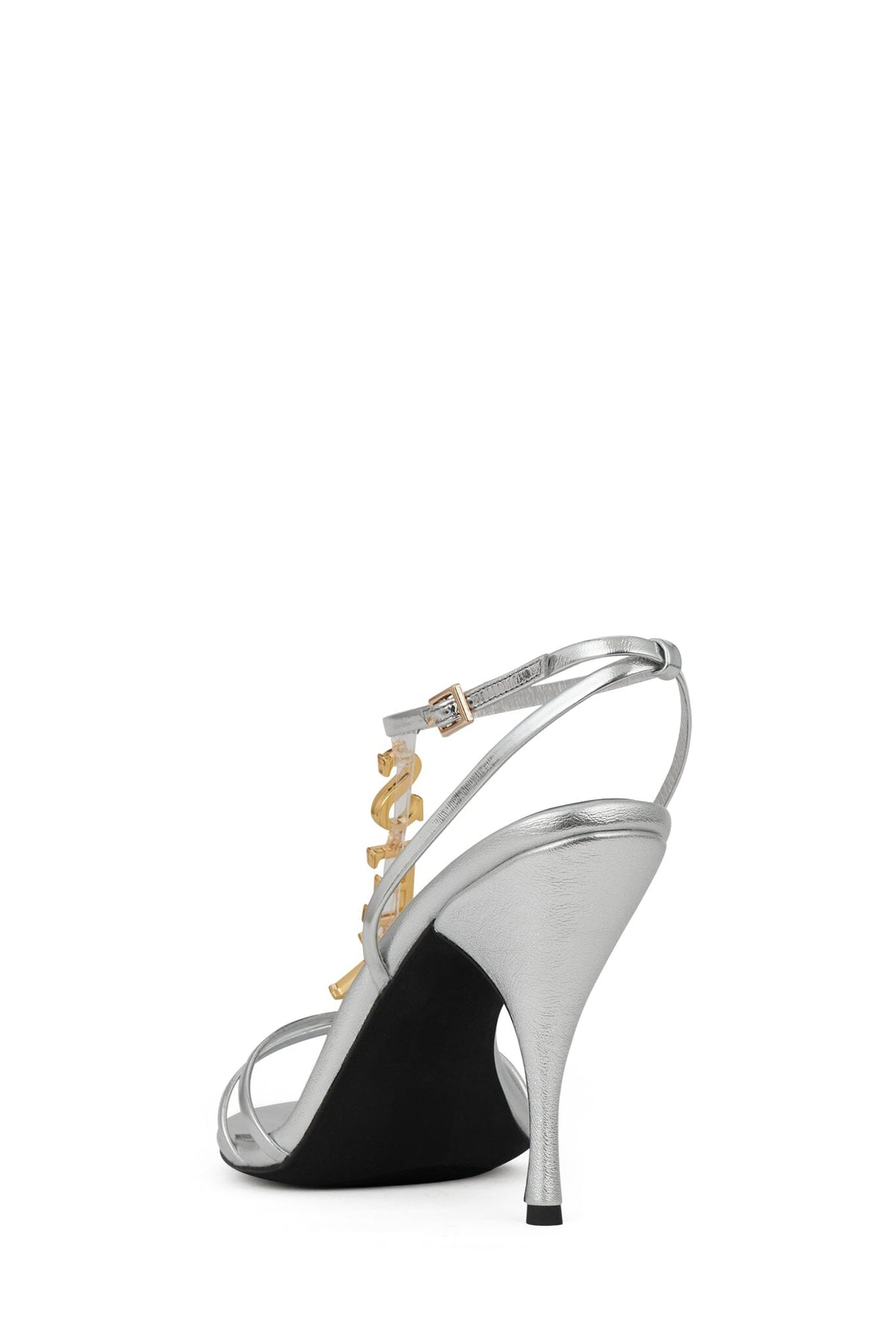 Silver metallic high heel sandal with open toe thin ankle straps sculpted stiletto heel and dangling gold embellishments on the front straps