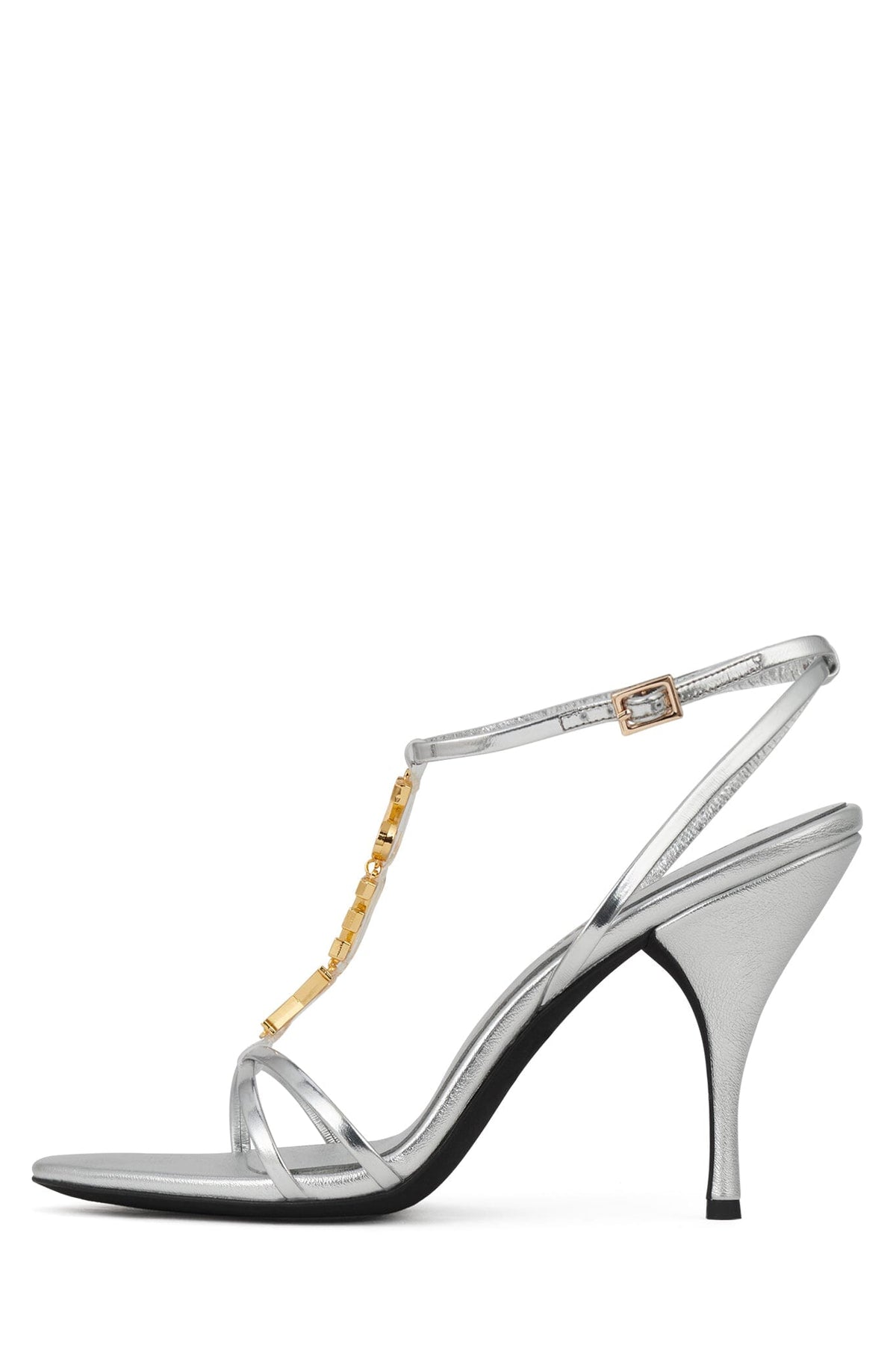 Silver strappy stiletto sandal with a sculpted heel, open toe, clear ankle strap, and gold embellished chain detail across the foot.