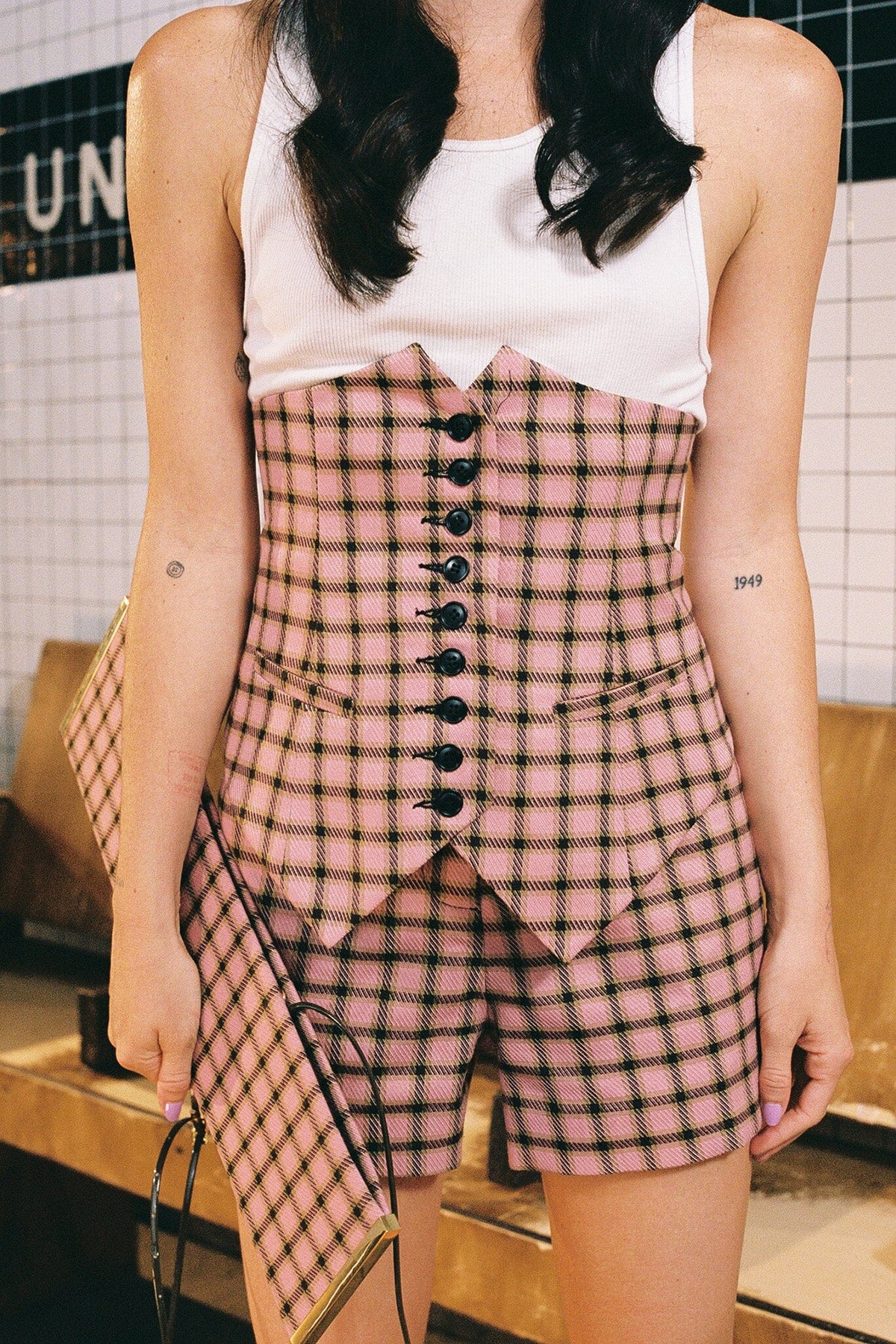 SPEAK-EASY SET Jeffrey Campbell Corset Pink Plaid Tweed main_hover