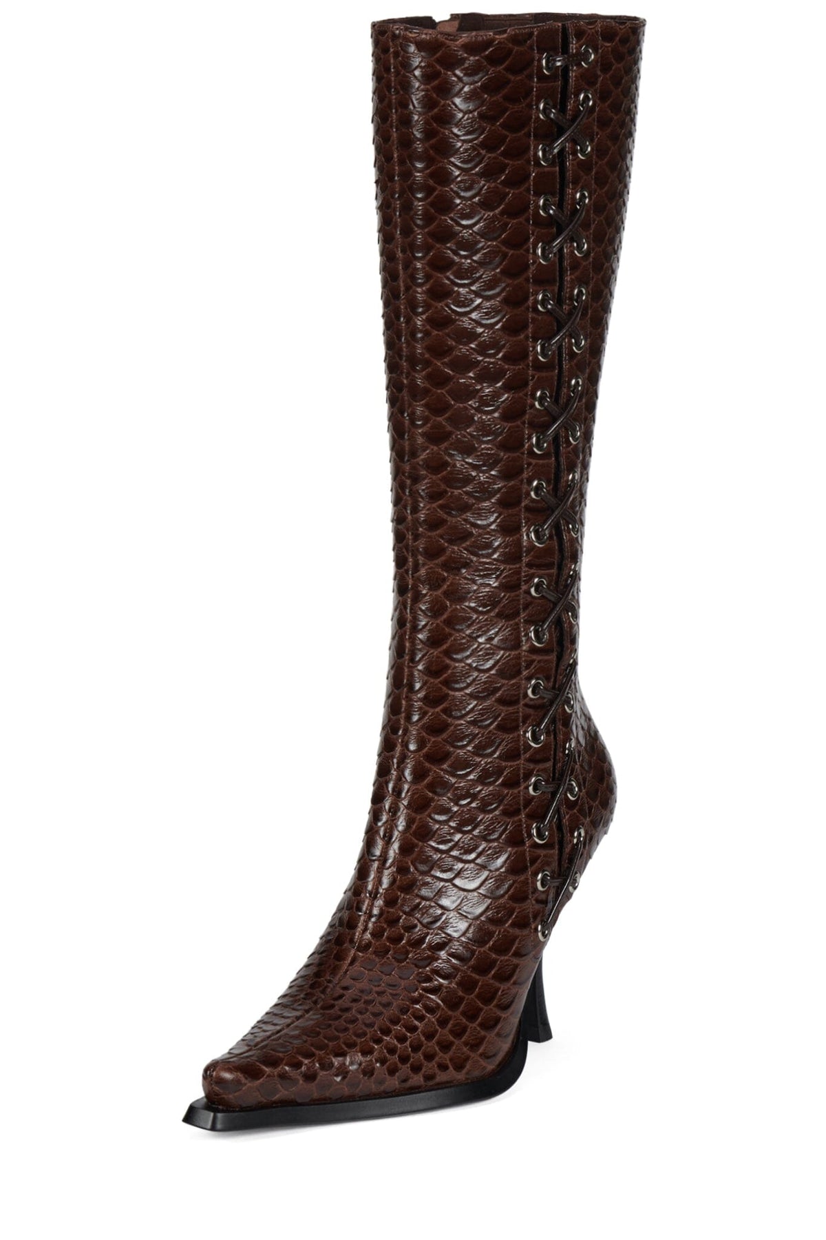 STUNNA Jeffrey Campbell Heeled Boot Brown Snake _hover