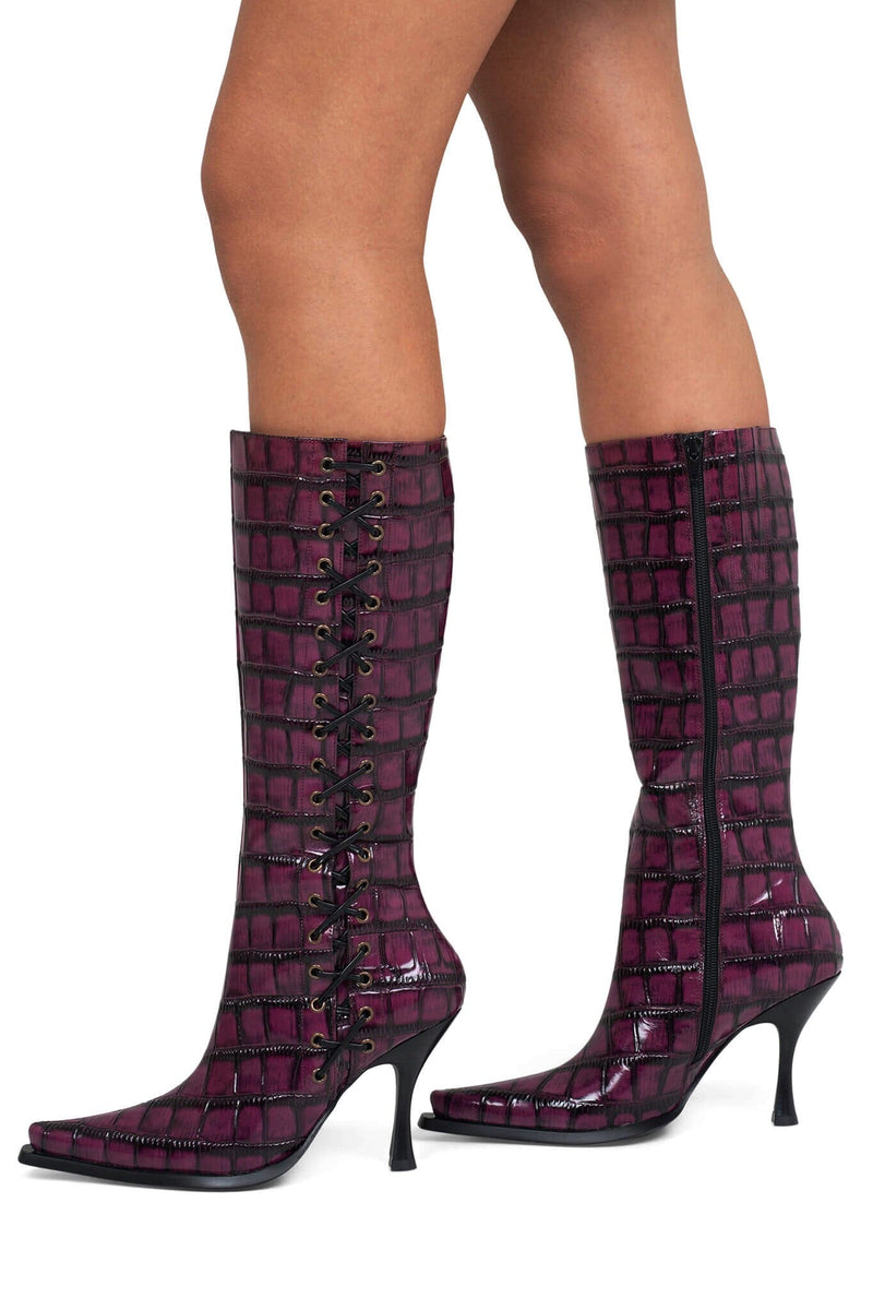 STUNNA Jeffrey Campbell Heeled Boot Raspberry Black Croco
_hover