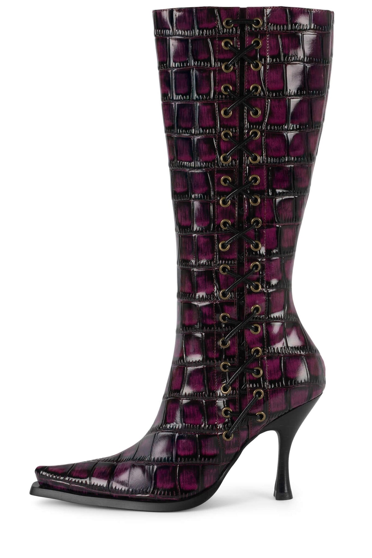 STUNNA Jeffrey Campbell Heeled Boot Raspberry Black Croco