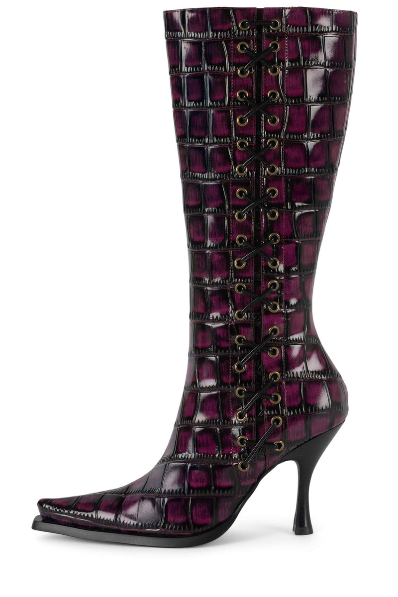 STUNNA Jeffrey Campbell Heeled Boot Raspberry Black Croco