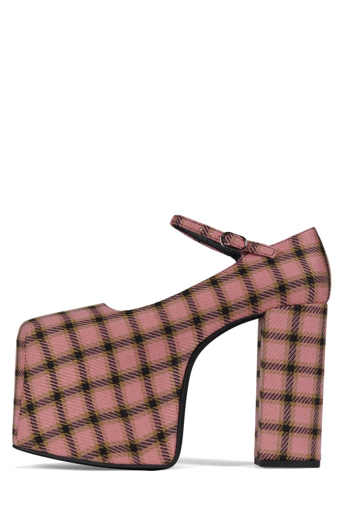 THE-TRUTH Jeffrey Campbell Platform Mary-Jane Pump Pink Plaid Tweed