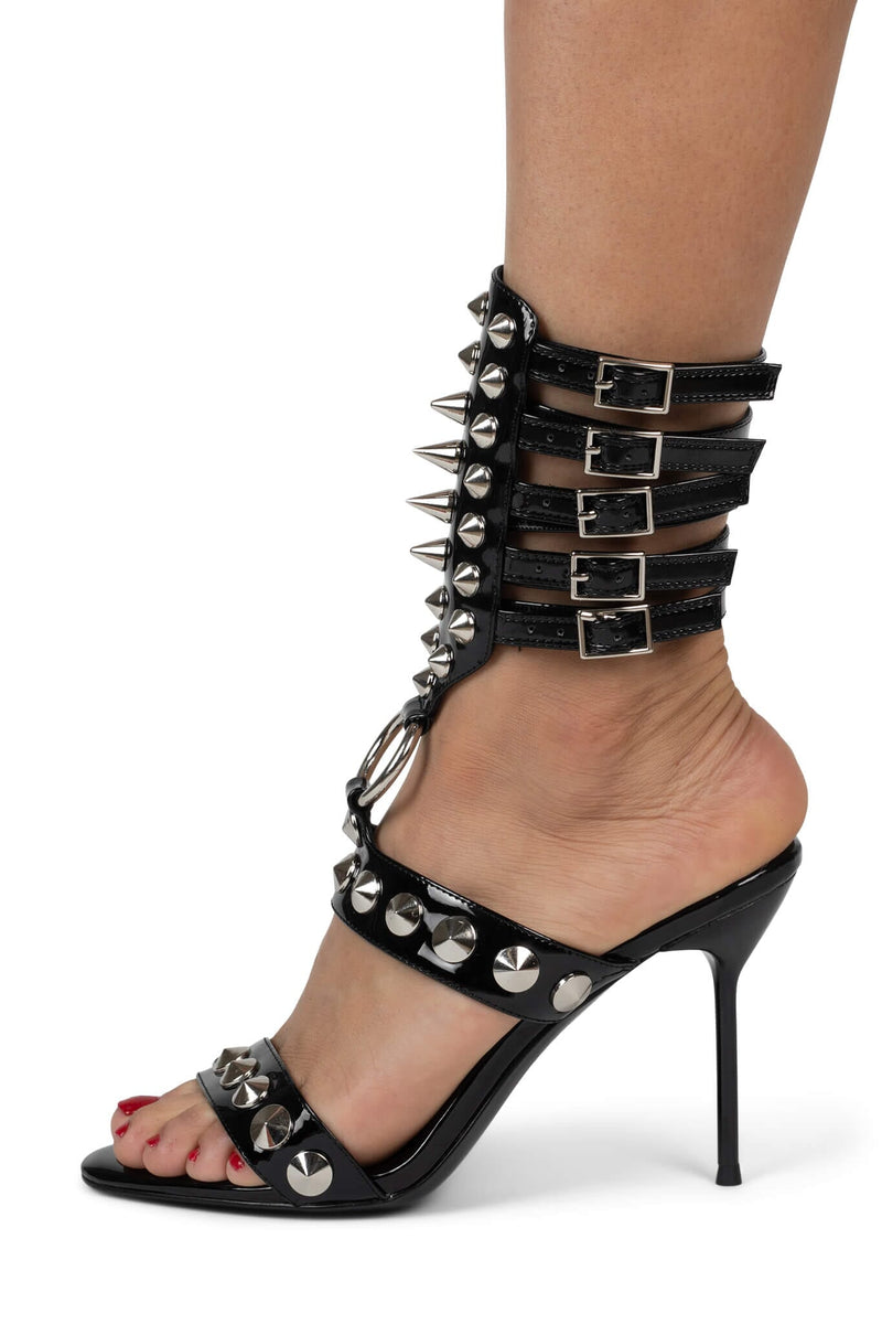 THREE-6-5 Heeled Sandal YYH Black Patent Silver 6 