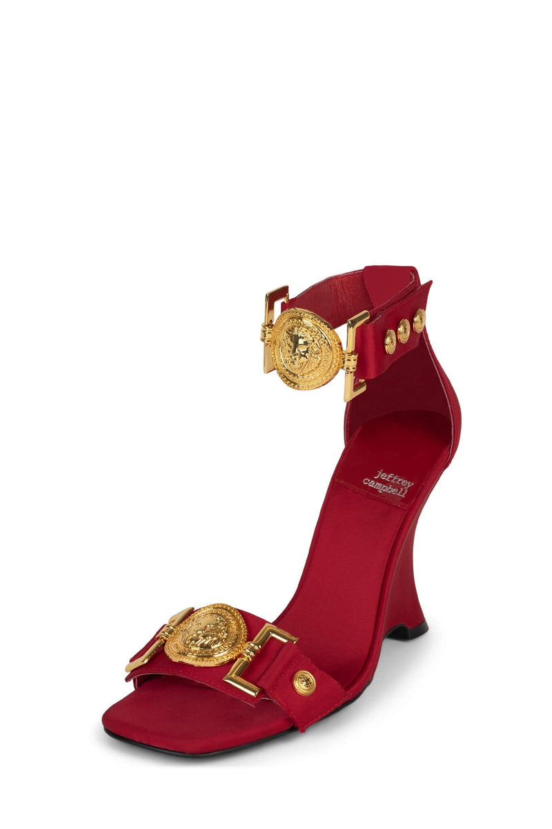 LEONITE Jeffrey Campbell Ankle Strap Sandal Red Satin Gold