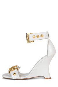 LEONITE Jeffrey Campbell Ankle Strap Sandal White Patent Gold