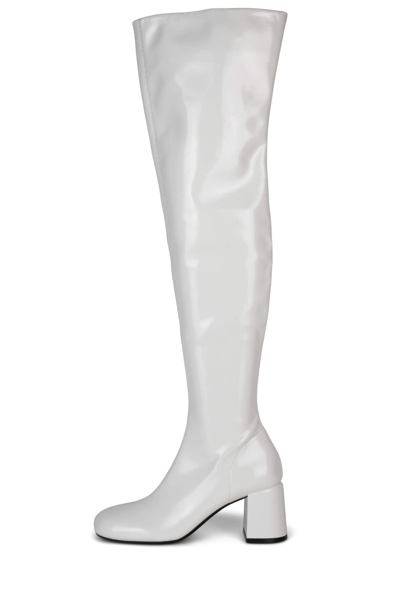 White patent outlet knee high boots