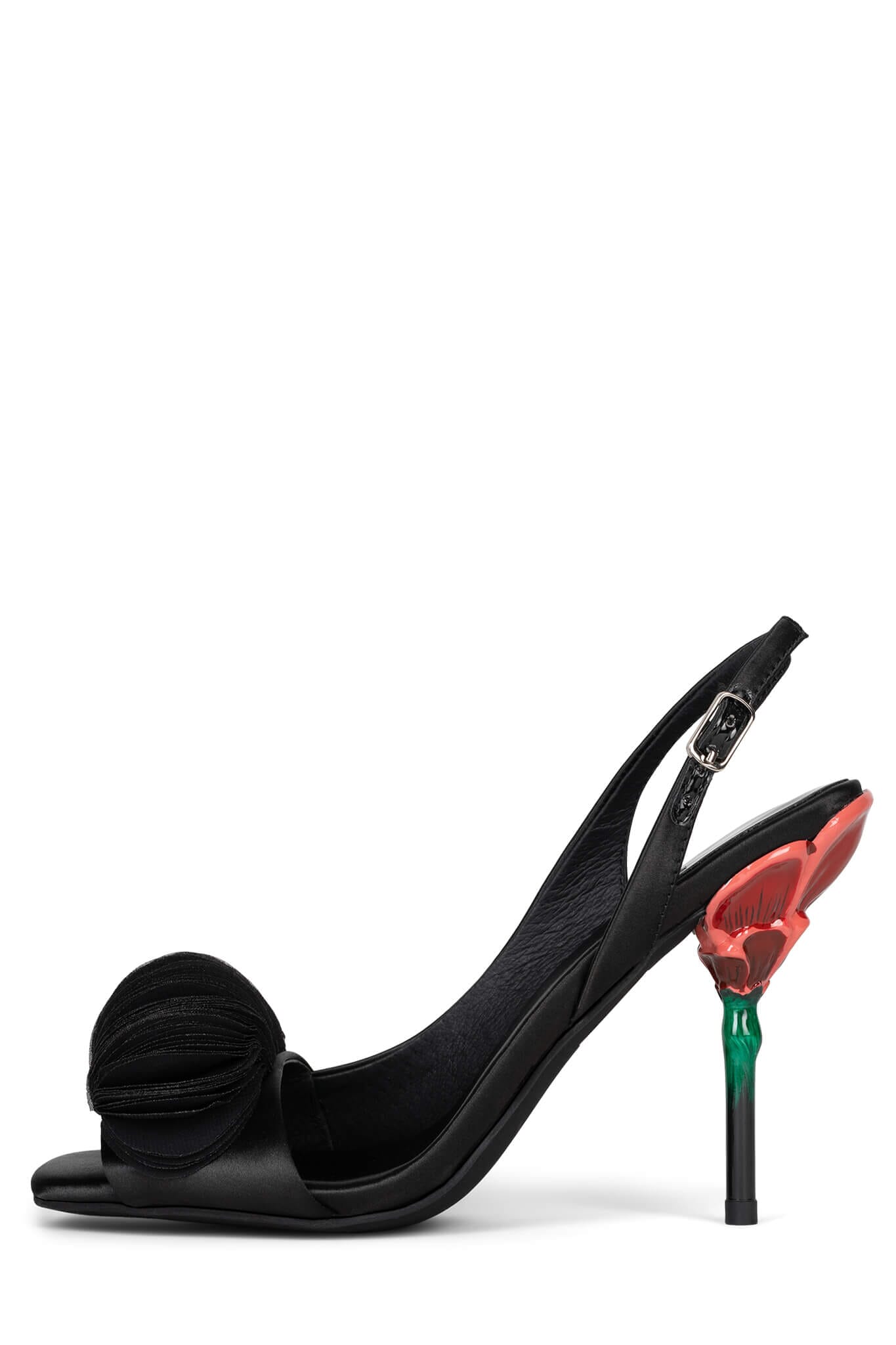 Double red flower heel sandals in black satin
